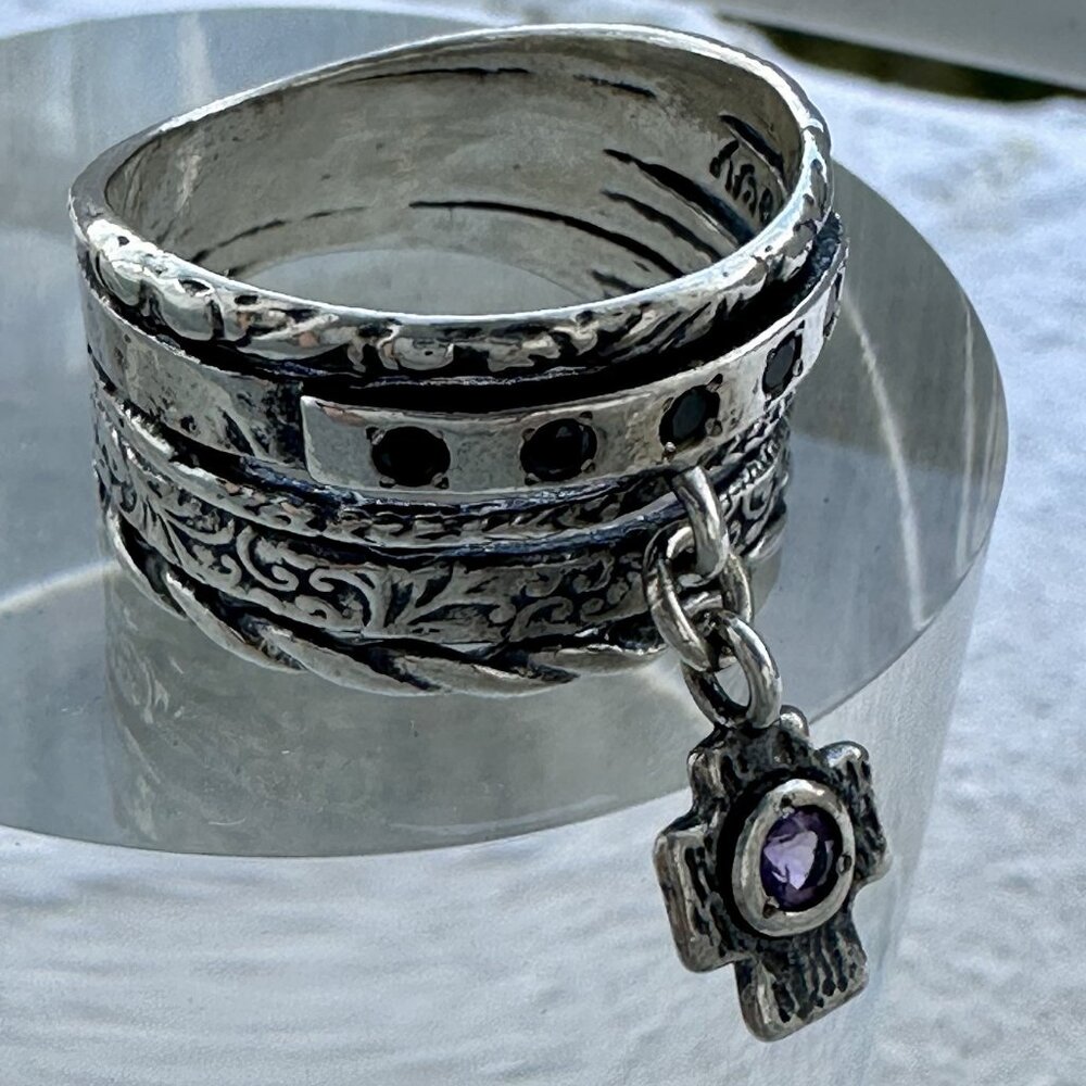Dangle Cross Amethyst Wide Band Ring Shablool  Israel Sterling Silver 10 1/2